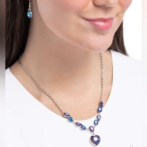 NWT Paparazzi Necklace & Earrings in Blueish Purple Crystals Silver Tone Setting